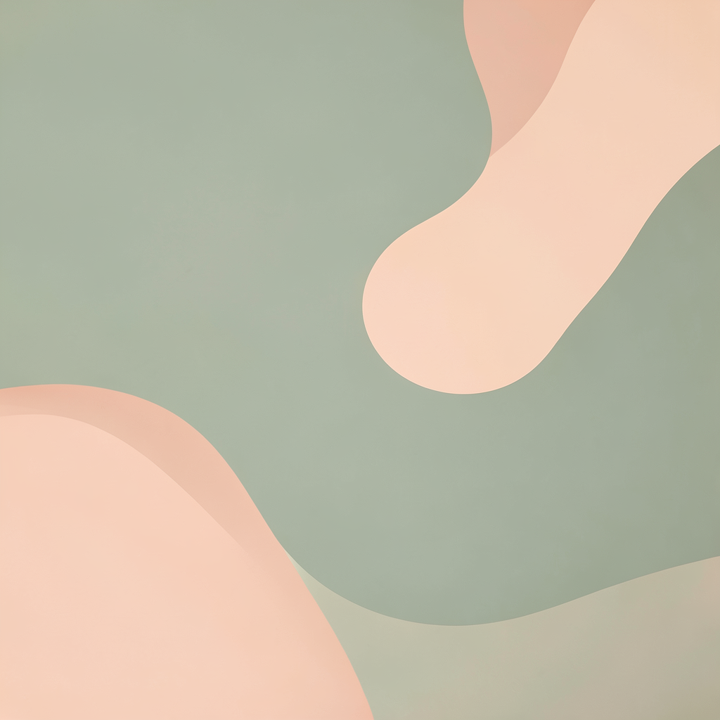 Warm abstract composition in muted sage green and soft peach tones with gentle organic curves suggesting connection and growth