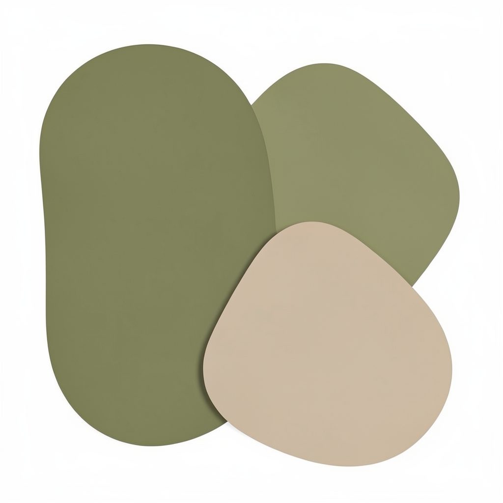 Muted olive and sand abstract forms overlapping in a calm, balanced arrangement with subtle rounded edges